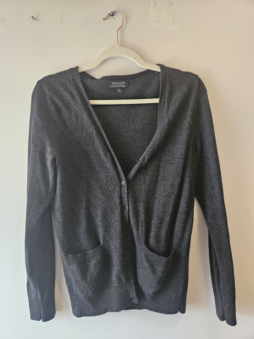 Lord & Taylor Dark Charcoal V-Neck Button Cardigan